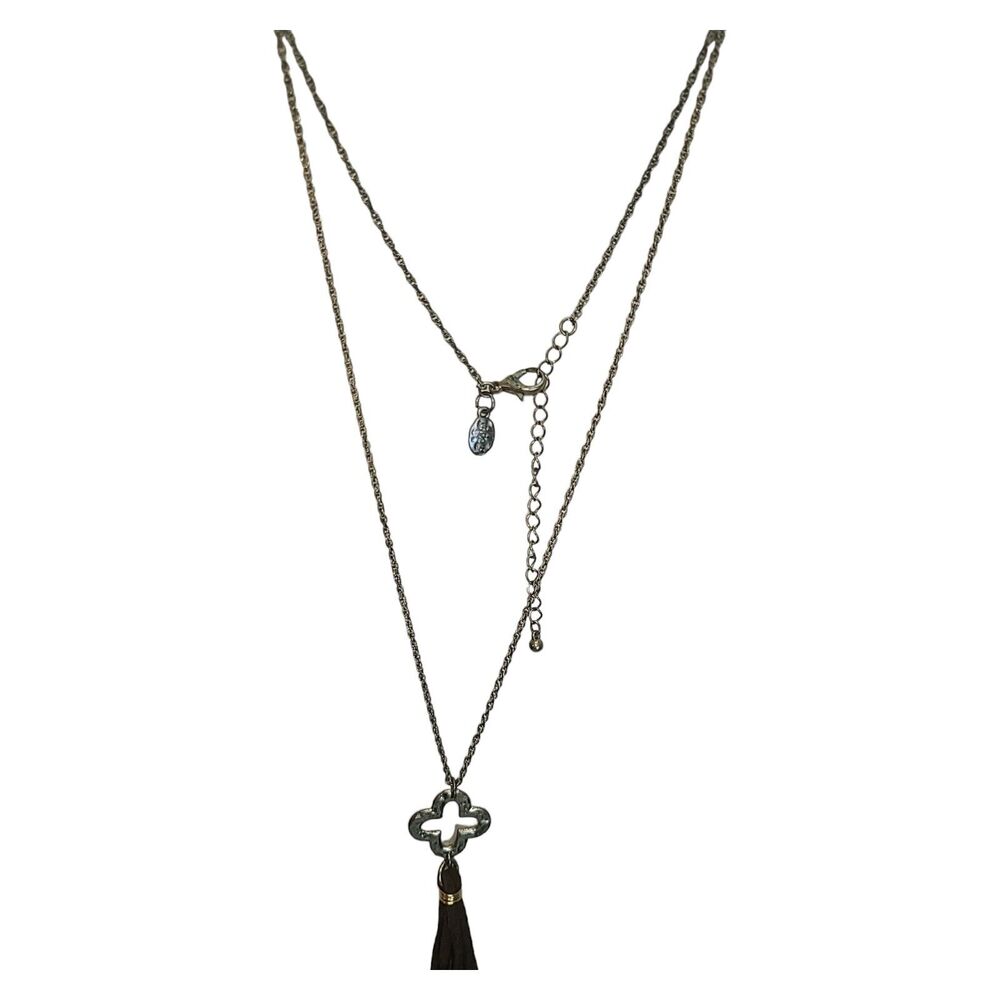 Signed envious Necklace‎ Gold Tone Brown Suede Cross Tassel Jewelry 32"-35"